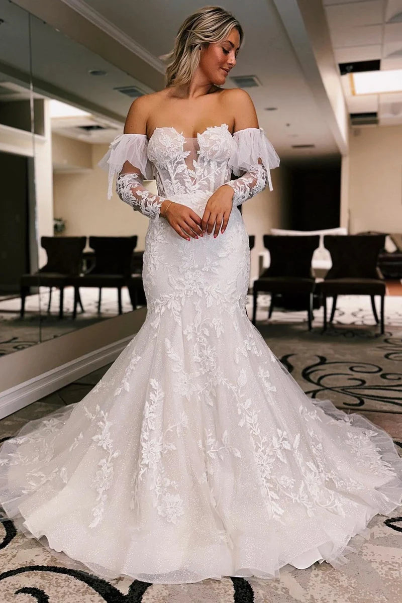 White Floral Lace Sweetheart Mermaid Wedding Dress with Detachable Sle