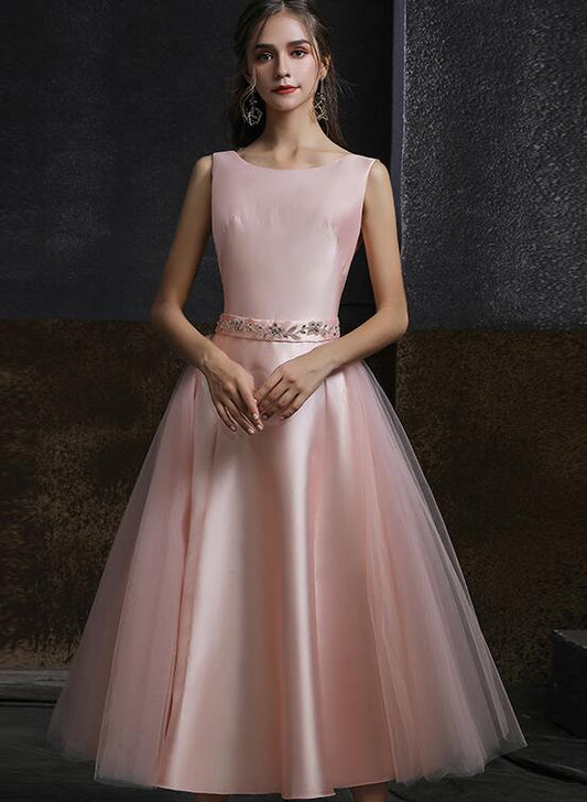 Pink Satin and Tulle V Back Tea Length Party Dress, Pink Wedding Party DressesPink Satin and Tulle V Back Tea Length Party Dress, Pink Wedding Party Dresses