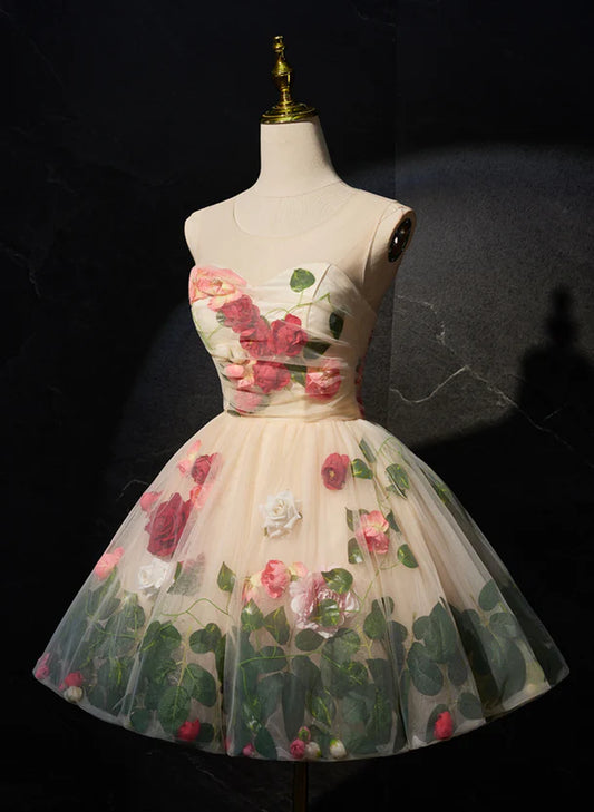 Cute Flowers Round Neckline Light Champagne Party Dress, Short Cute Prom Dress