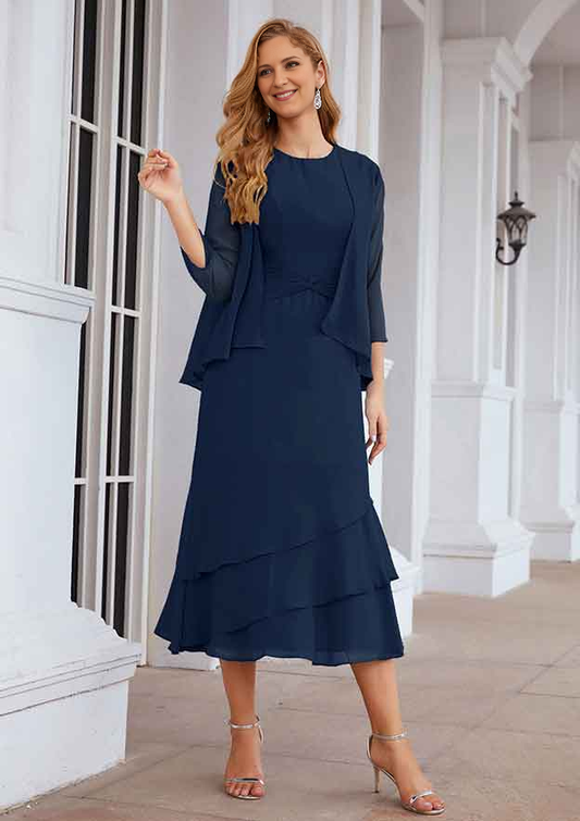 A-line Bateau Tea-Length Chiffon Mother of the Bride Dress With Pleated and Jacket