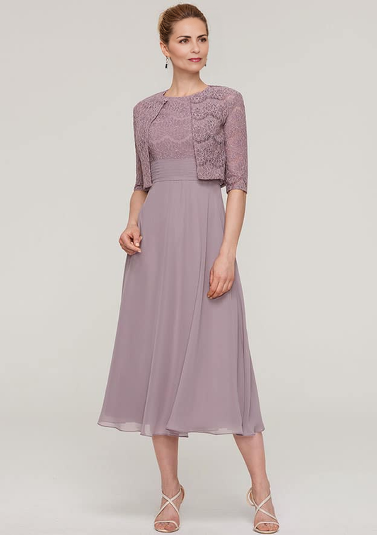 A-line/Princess Scoop Neck Sleeveless Tea-Length Chiffon Mother of the Bride Dress With Lace Jacket