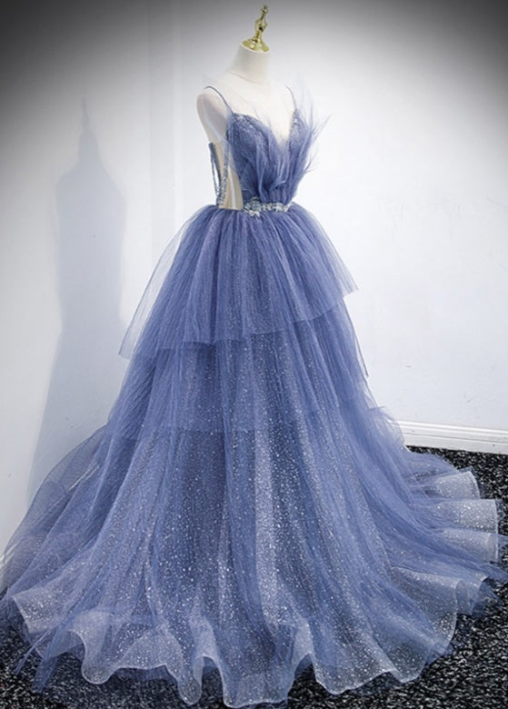 Elegant Party Dress Stunning Ballgown Ruffled Tulle Long Prom Dress with Train