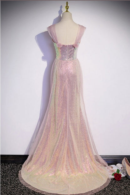 Pink Sparkly Mermaid Long Prom Dress Off Shoulder