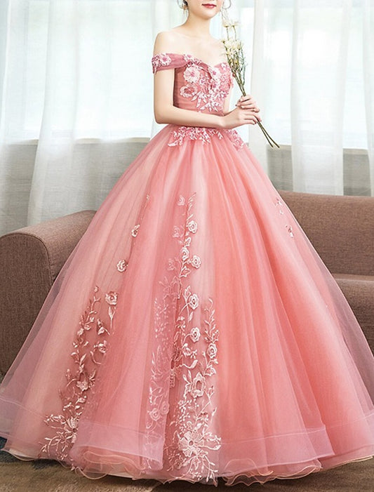 Ball Gown Quinceanera Dresses Princess Dress Floor Length Sleeveless Off Shoulder Polyester with Appliques