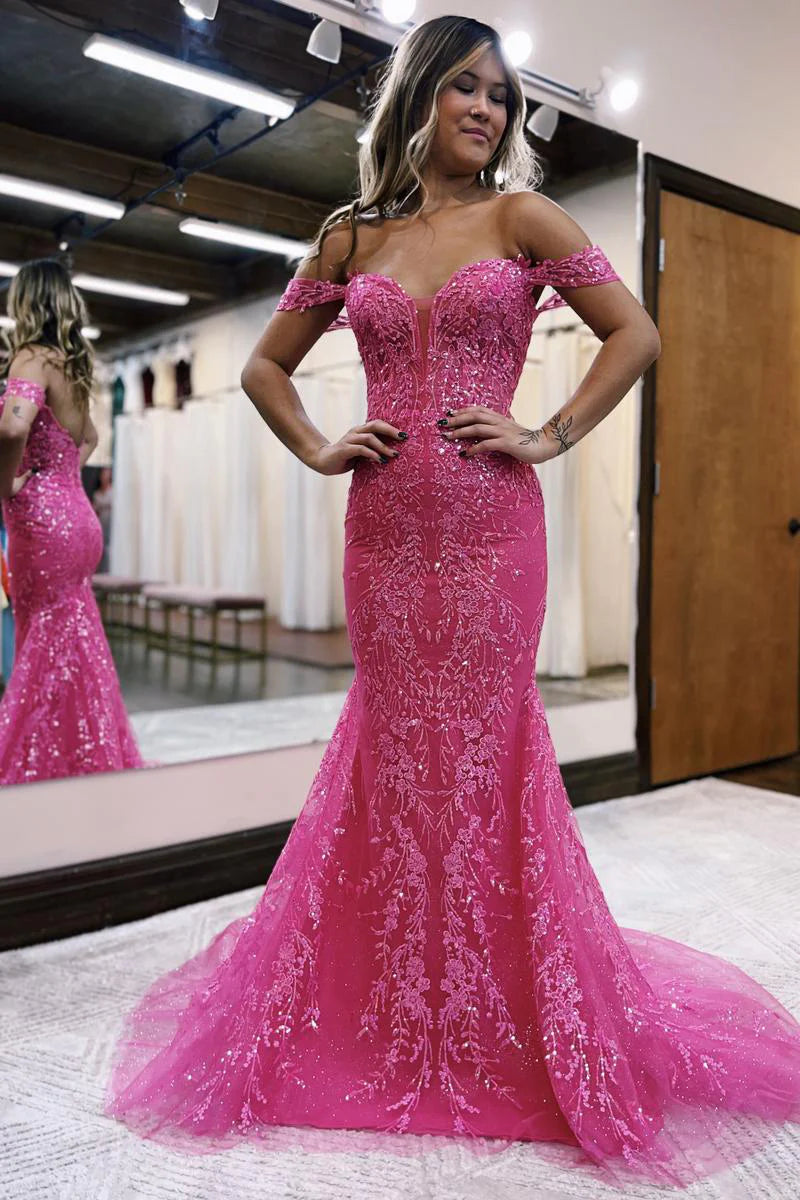 Hot Pink Sequin One-Shoulder Mermaid Long Prom Dress cc1001