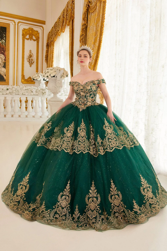Emerald Gold Layered Lace Quince Ball Gown Princess Dress Floor Length Sleeveless Off Shoulder with Gold Appliques