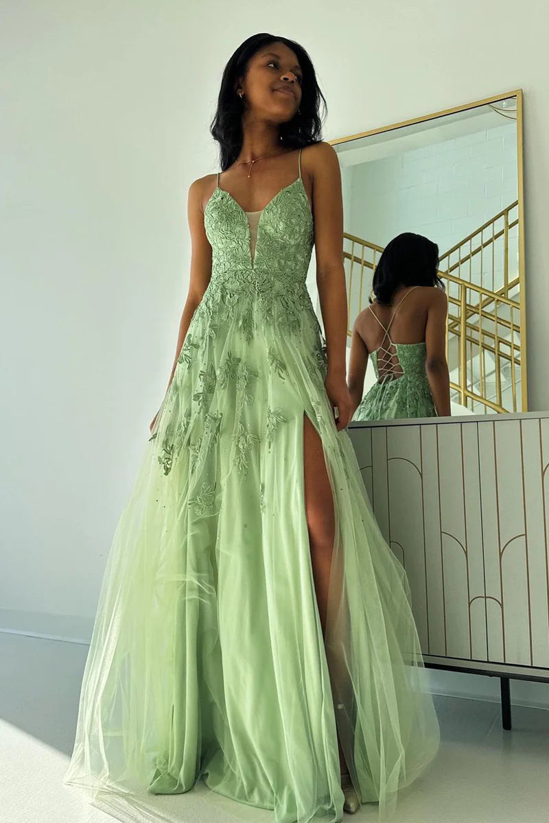 Long Tulle Dress with Deep V Neck Satin Sash Decor Lime Green Plus Size
