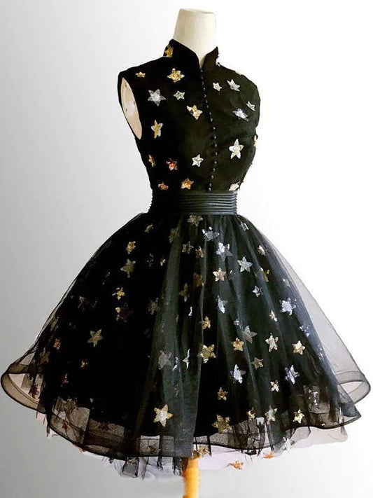 Black Tulle High Neckline Short Homecoming Dress Black Short Prom Dress