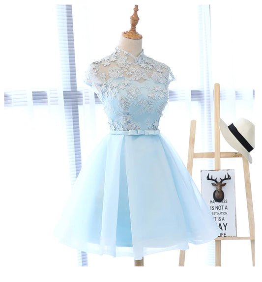 Cute Light Blue Tulle with Lace Party Dress , Beautiful Short Classical Formal Dress