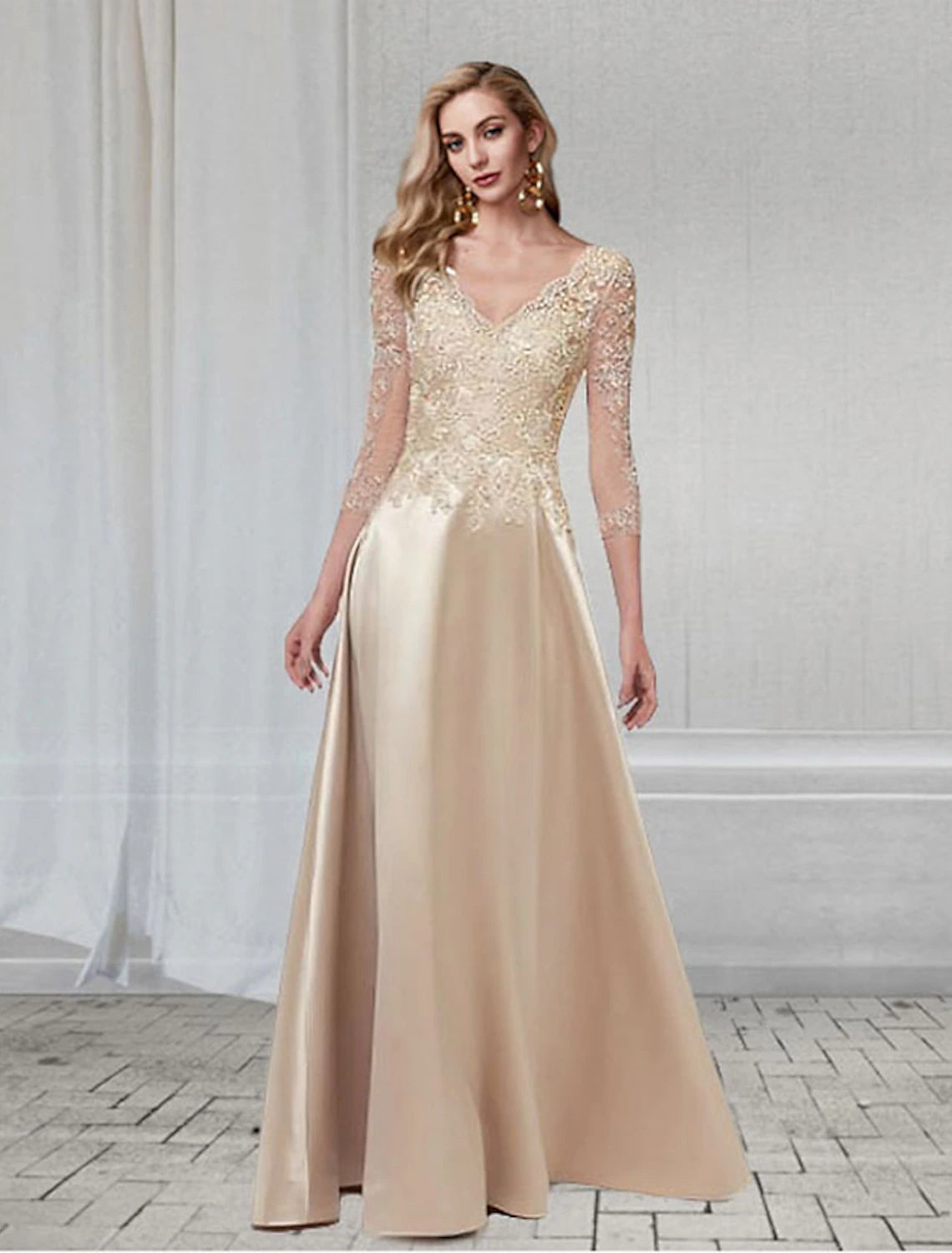 A-Line Elegant Wedding Guest Formal Evening Dress V Neck 3/4 Length Sl