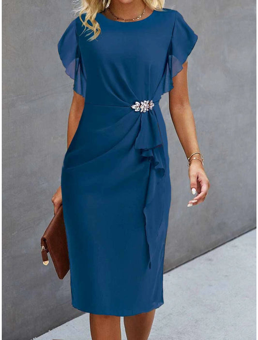 Party Dress Cocktail Dress Midi Chiffon Dress Wine Blue Green Short Sleeve Solid Color Ruffle Crew Neck Evening Party Vacation Wedding Guest Summer Spring Fall