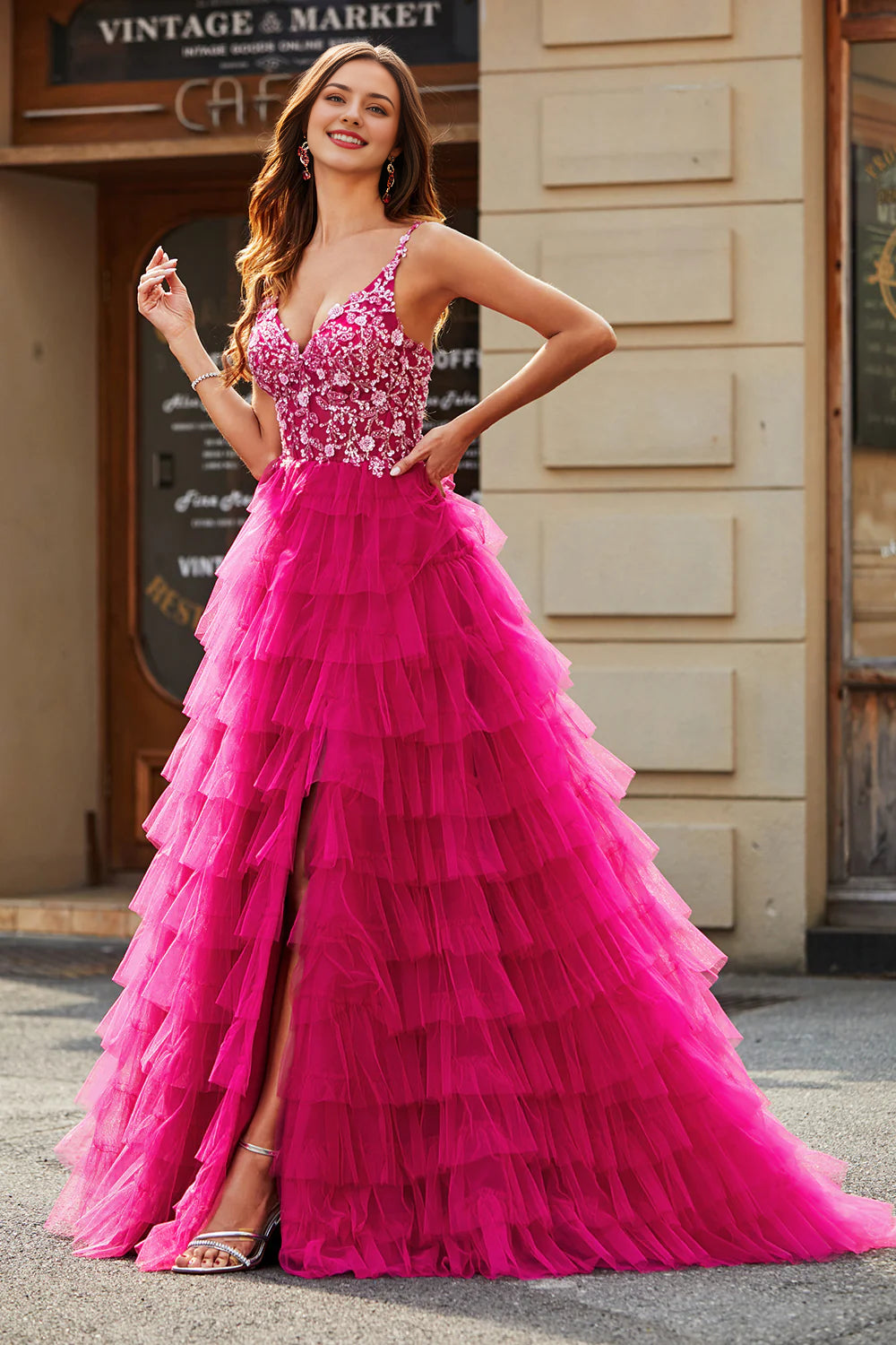 Sparkly Fuchsia A Line Spaghetti Straps Long Tulle Prom Dress With Sequins
