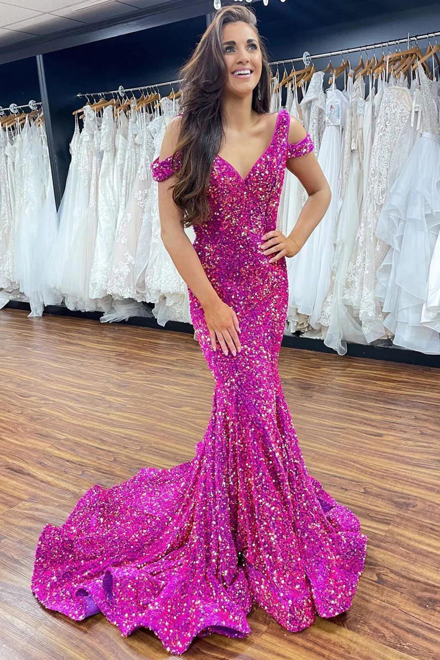Off-The-Shoulder Asymmetrical Length Mermaid Prom Dress Fuchsia main image 1