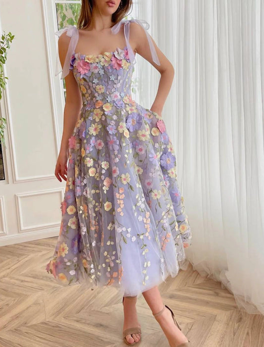 A-Line Cocktail Dresses Corsets Dress Wedding Guest Summer Tea Length Sleeveless Scoop Neck Bridesmaid Dress Tulle with Appliques