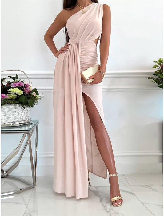Women‘s Prom Dress Wedding Guest Party Dress Homecoming Dress Formal Dress Long Dress Maxi Dress Pink Red Green Sleeveless Pure Color Backless Summer Spring Fall One Shoulder Party Evening