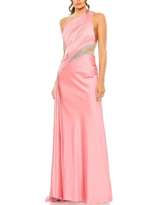 A-Line Evening Gown Elegant Dress Formal Floor Length Sleeveless One Shoulder Satin with Glitter Ruched Sequin