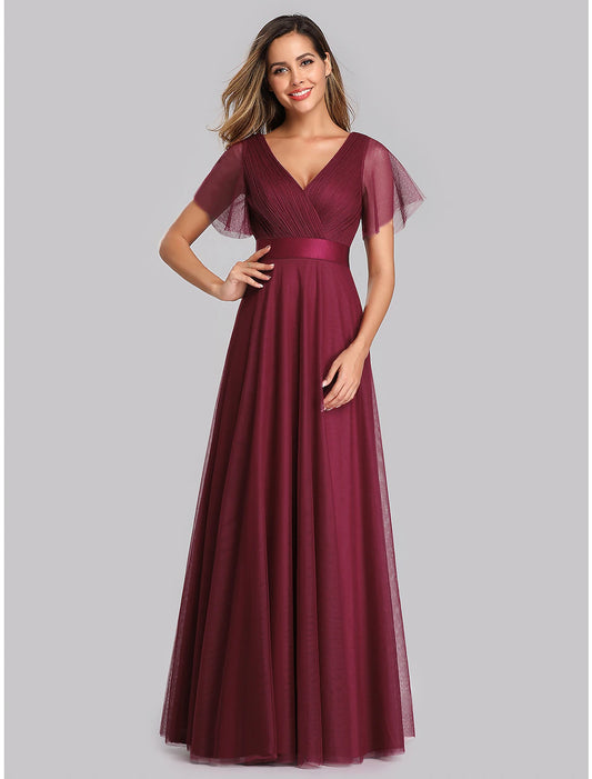 A-Line Empire Wedding Guest Prom Dress V Neck V Back Short Sleeve Floor Length Chiffon with Pleats Ruched