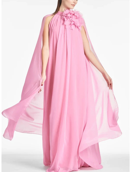 A-Line Evening Gown Elegant Dress Formal Prom Floor Length Sleeveless Jewel Neck Chiffon with Shouder Flower