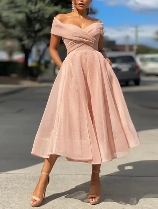 A-Line Cocktail Dresses Vintage Dress Wedding Guest Tea Length Sleeveless Off Shoulder Tulle with Pleats