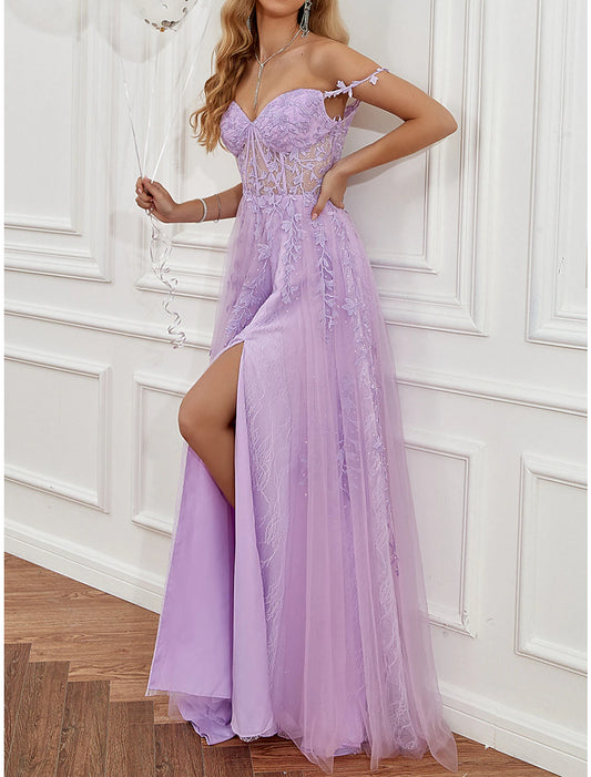 A-Line Prom Party Dress See Through Dress Formal Prom Sweep / Brush Train Sleeveless Sweetheart Tulle Backless with Beading Slit Appliques