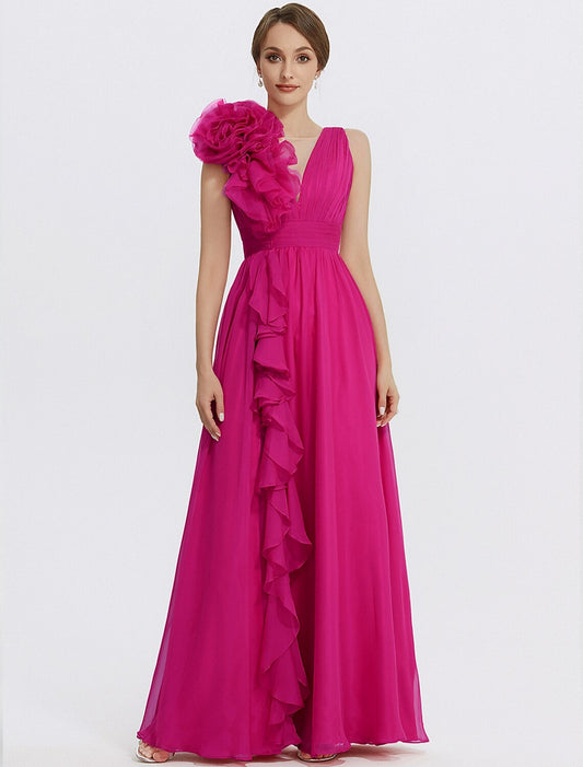 A-Line Evening Gown Floral Dress Formal Wedding Guest Floor Length Sleeveless V Neck Chiffon with Ruched Appliques