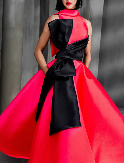 Ball Gown Color Block Celebrity Style Elegant Prom Formal Evening Birthday Dress Christmas Red Green Dress High Neck Sleeveless Ankle Length Satin with Bow(s)