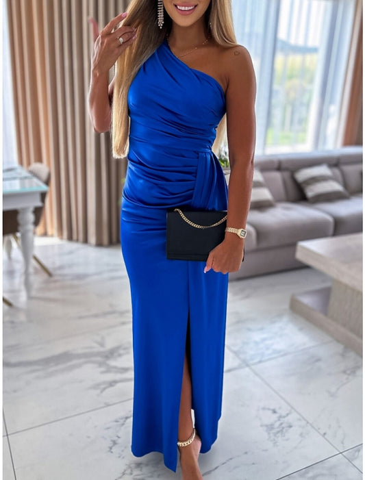 Women's Prom Dress Party Dress Satin Dress Long Dress Maxi Dress Blue Sleeveless Pure Color Ruched Spring Fall Winter One Shoulder Party Wedding Guest Evening Party Vacation