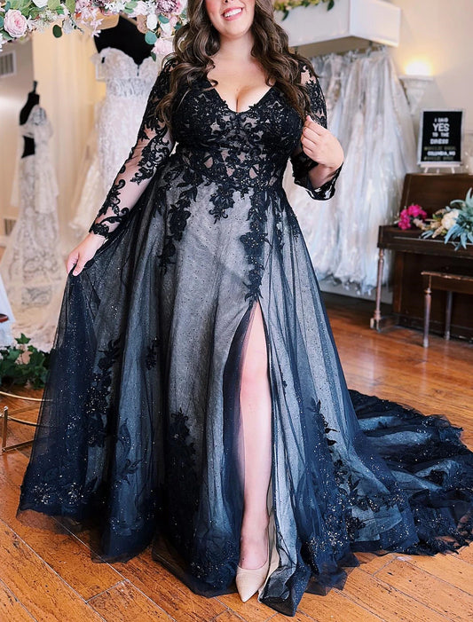 A-Line Evening Gown Black Dress Formal Wedding Court Train Sleeveless V Neck Fall Wedding Reception Tulle with Slit Appliques