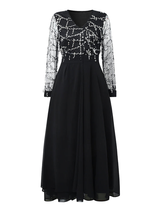 Black Dress Sequin Dress Prom Dress Sequins Mesh V Neck Long Sleeve Birthday Vacation Black Spring Winter