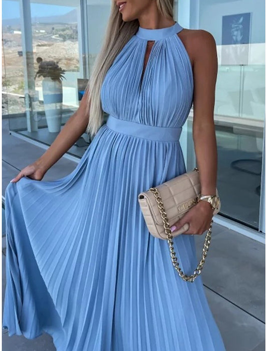 Women's Long Dress Maxi Dress Party Dress Casual Dress Summer Dress Pure Color Streetwear Casual Outdoor Holiday Going out Ruched Pleated Sleeveless Halter Neck Dress Slim Pink Blue Summer Spring