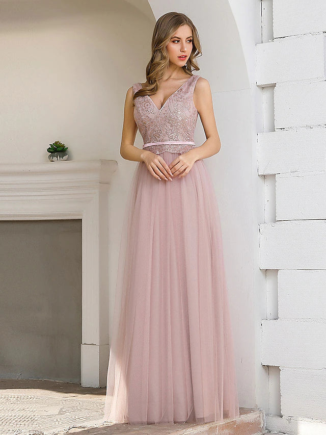 A Line Evening Gown Elegant Dress Wedding Guest Floor Length Sleeveles Koutun Dress 7544