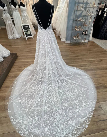 Gorgeous A-Line Deep V-Neck Open Back Chapel Train Wedding Dress