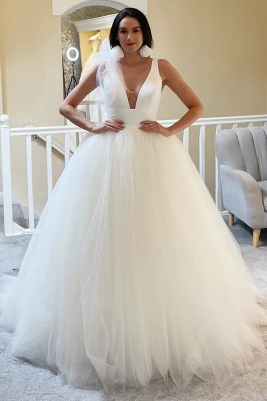 A-Line White Tulle Plunge V Open Back Wedding Dress