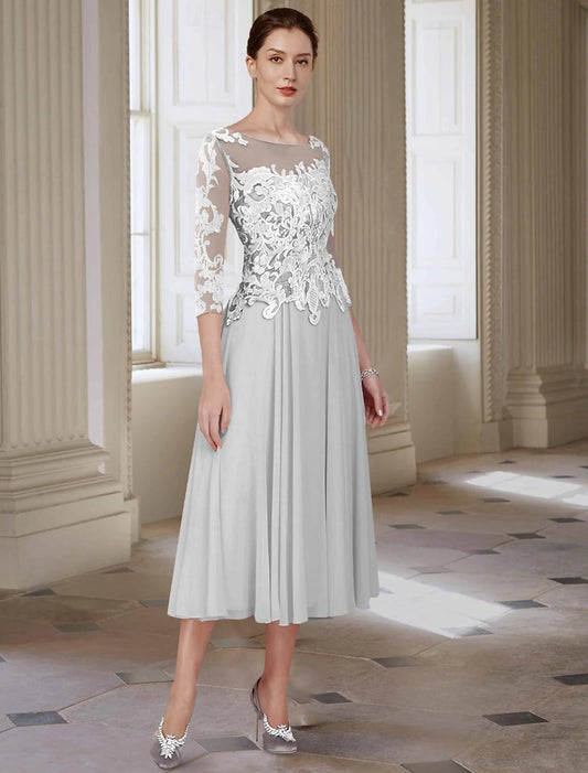 A-Line Mother of the Bride Dress Formal Wedding Guest Elegant Jewel Neck Asymmetrical Ankle Length Chiffon Lace with Appliques