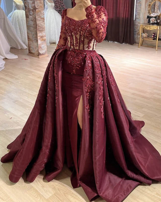 Burgundy Mermaid Sheer Lace Sleeve Satin Split Dress Ballgown Prom Dresses