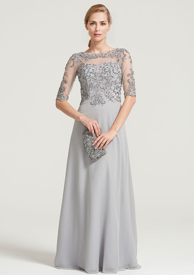 A-line Half Sleeve Floor-Length Chiffon Mother of the Bride Dress With