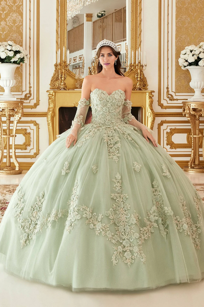 Layered Floral Ball Gown Quinceanera Dress Evening Gown Luxurious Dress Valentine's Day Quinceanera Chapel Train Short Sleeve Off Shoulder with Appliques