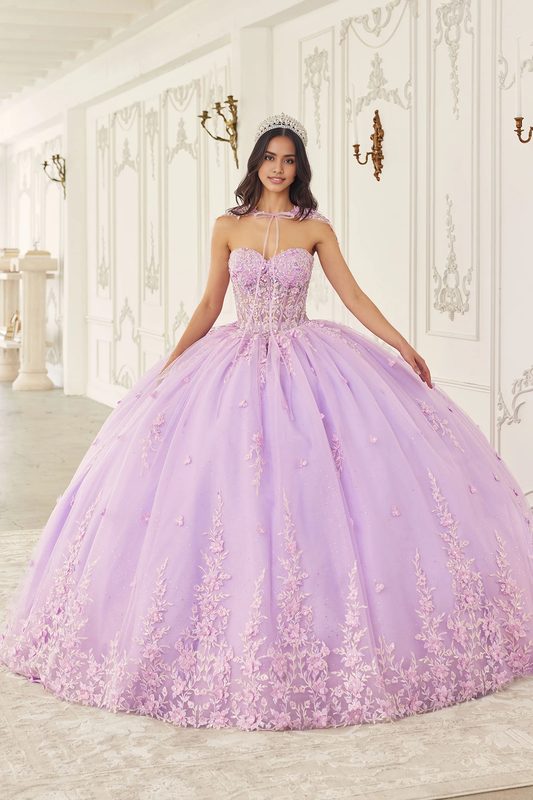 Floral Applique Strapless Cape Ball Gown Floral Dress Quinceanera Prom Dresses