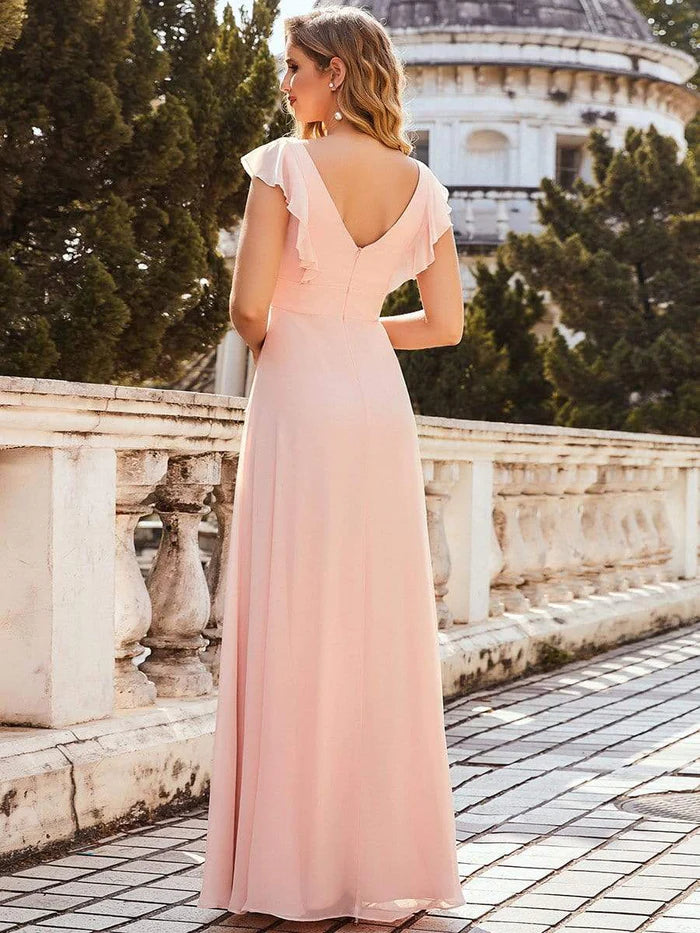 Ruffled V-neck Cap Sleeve Floor Length Bridesmaid Dress