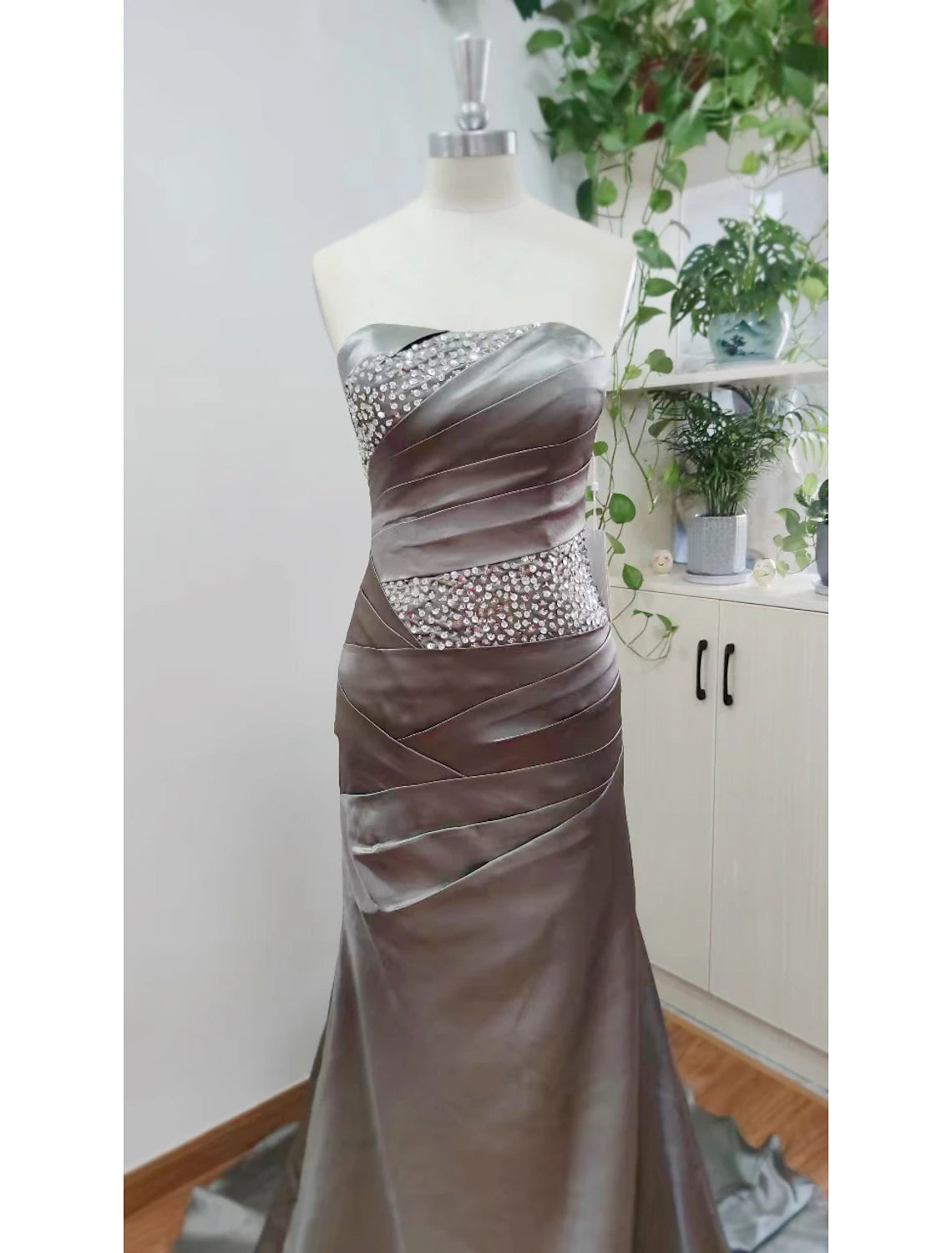 Mermaid Wedding Guest Formal Evening Dress Strapless Sleeveless Sweep / Brush Train Satin with Crystals