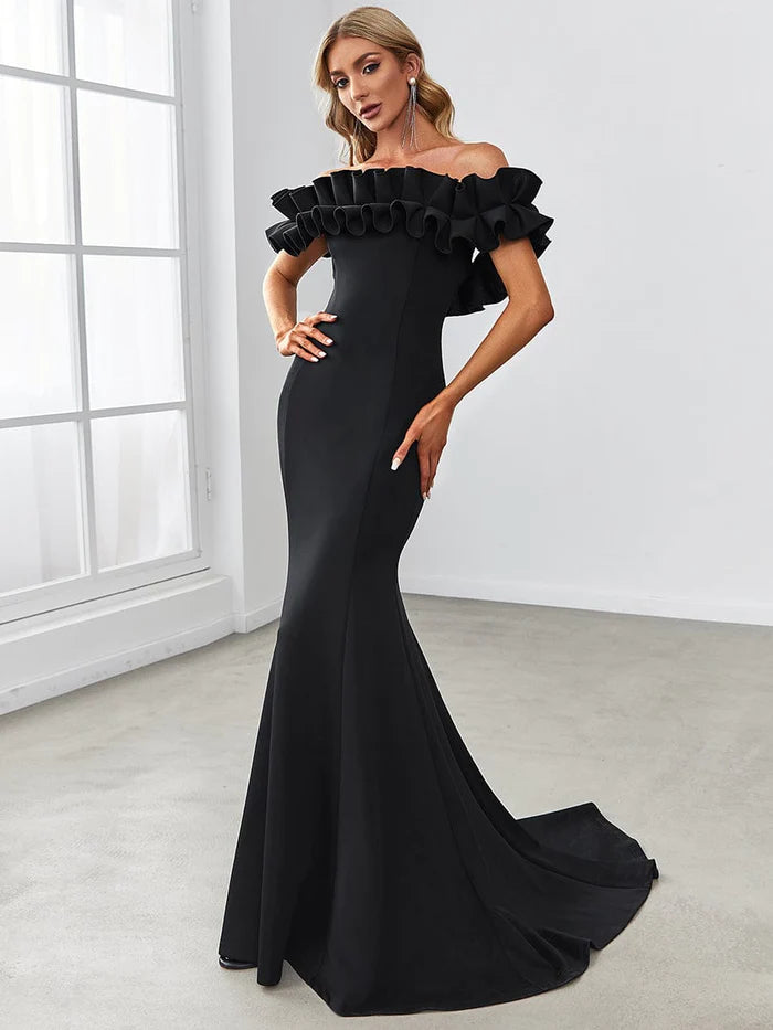 Sweet Ruffled Off Shoulder Mermaid Maxi Evening Dress