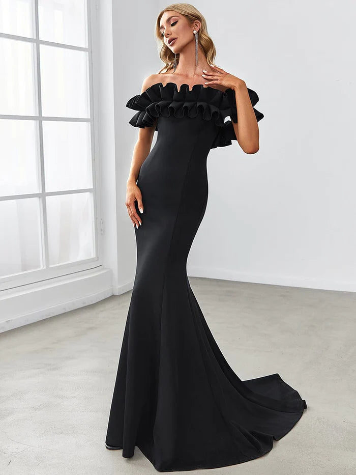 Sweet Ruffled Off Shoulder Mermaid Maxi Evening Dress