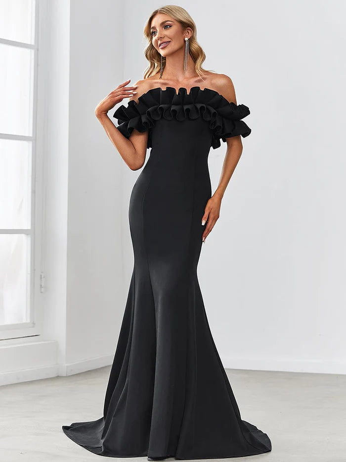 Sweet Ruffled Off Shoulder Mermaid Maxi Evening Dress