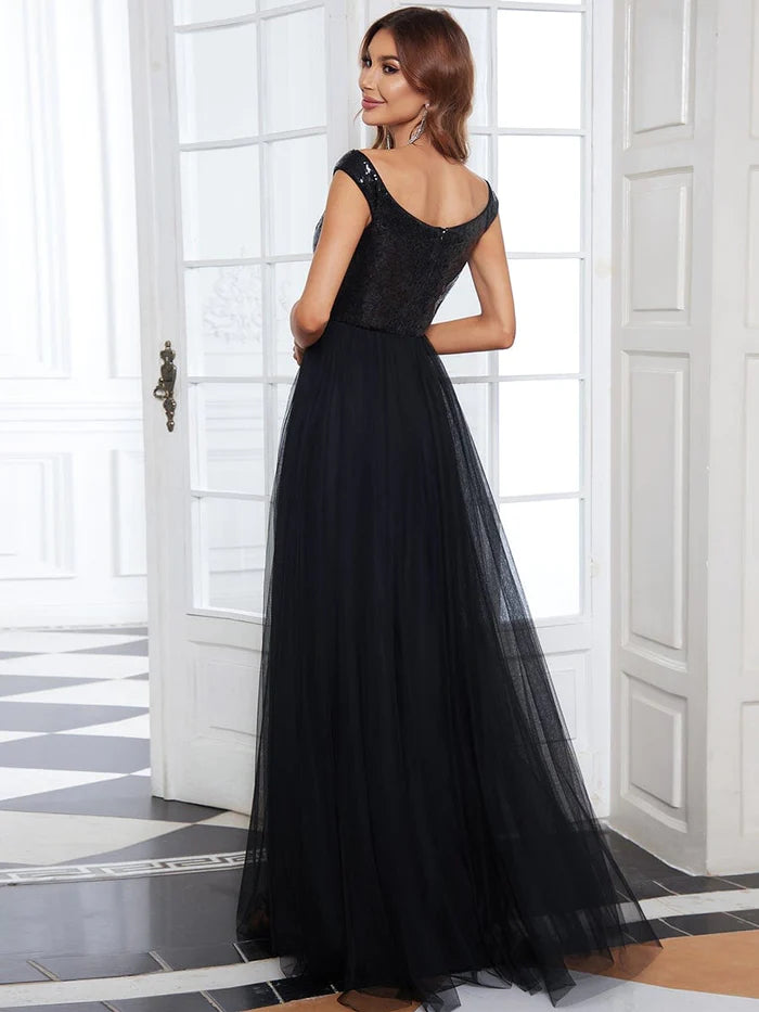 Stunning High Waist Tulle & Sequin Sleevless Evening Dress