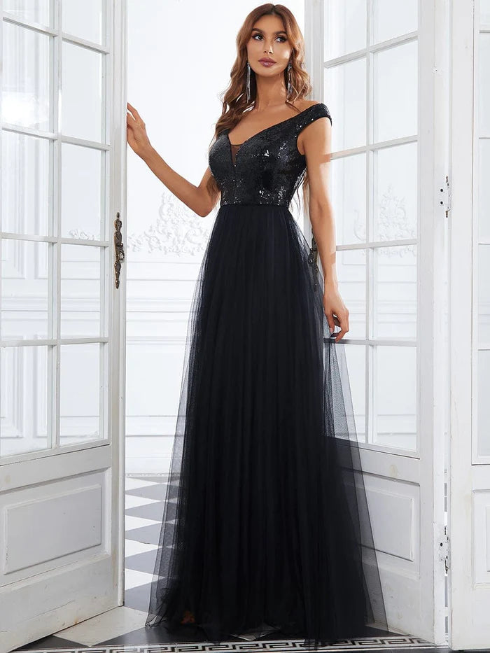 Stunning High Waist Tulle & Sequin Sleevless Evening Dress