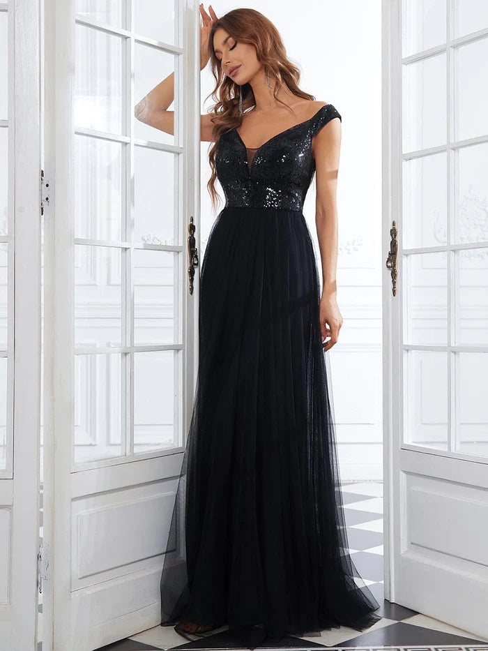 Stunning High Waist Tulle & Sequin Sleevless Evening Dress