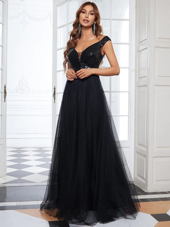 Stunning High Waist Tulle & Sequin Sleevless Evening Dress