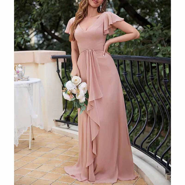 Bridesmaid Dresses Short Sleeve Long Prom Dress V Neck Evening Gown