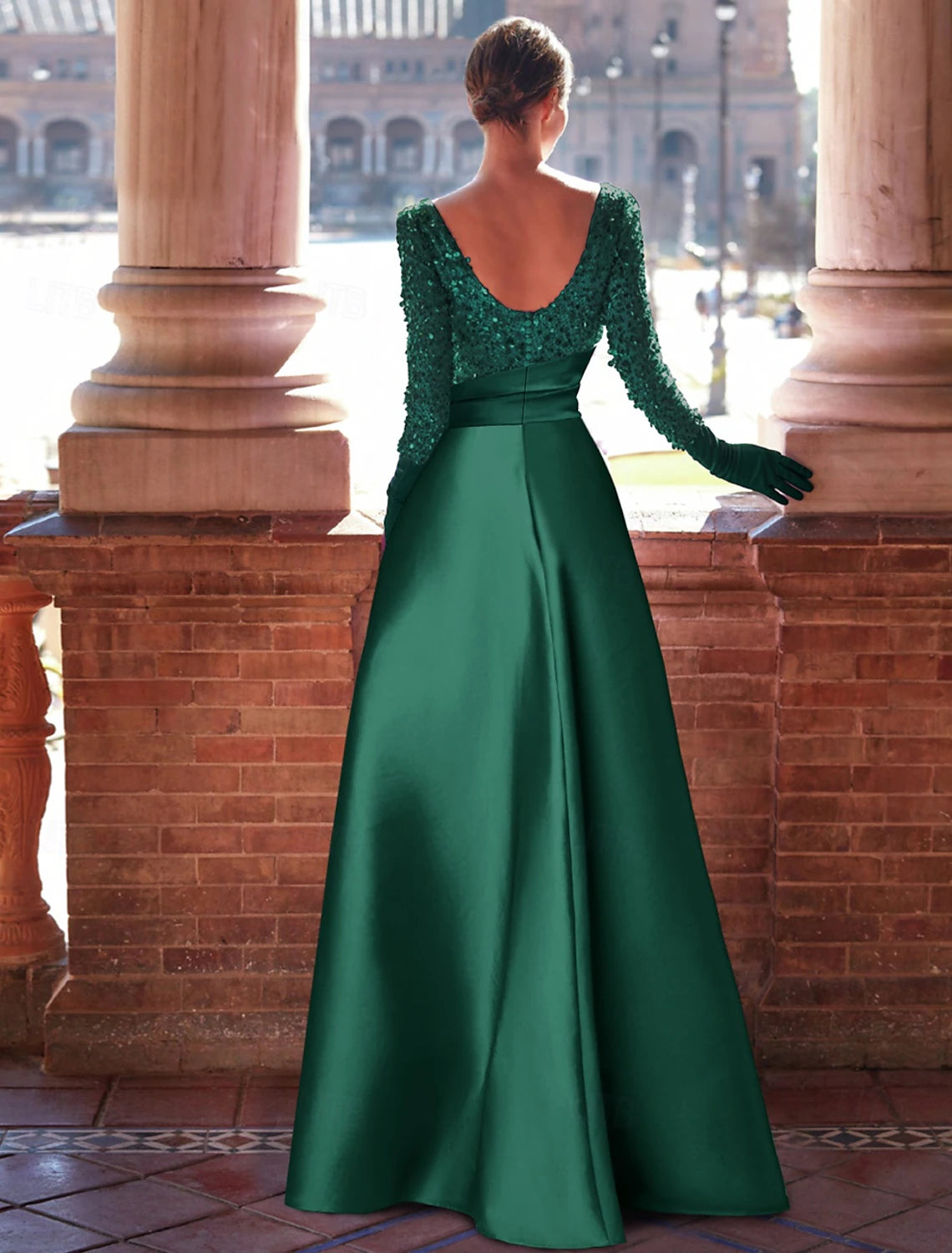 A-Line Evening Gown Formal Christmas Floor Length Long Sleeve Jewel Neck Satin with Glitter Slit