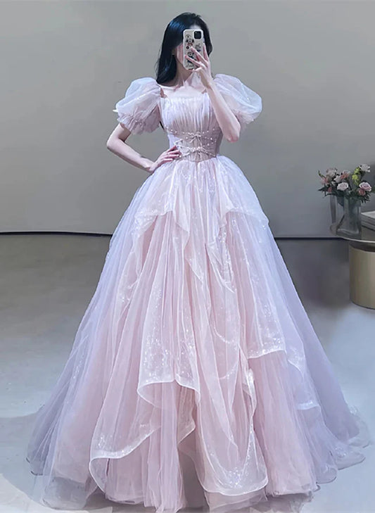 A-Line Princess Pink Off Shoulder Tulle Beaded Sweetheart Bubble Sleeved Ballgown Evening Dress Prom Dress